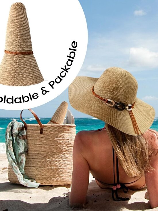 Women\'s Beach Sun Straw HatsUPF 50+ UV Sun Protection Wide Brim Khaki & Beige main image 6